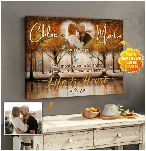 Love In Autumn Custom Heart-Shaped Photo Canvas Print For Couple