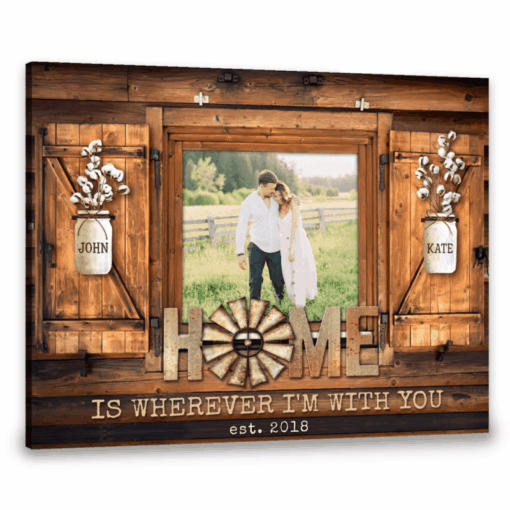 Personalized Photo & Year Barn Window Frame Cotton Flowers Canvas Print